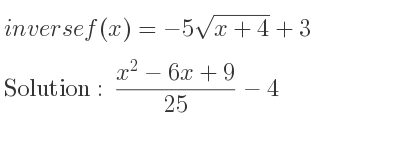 The inverse of f(x)=-5sqrt(x+4)+3 is (x^2-6x+9)/(25)-4